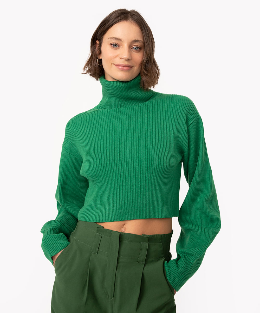 suéter de tricot canelado cropped gola alta verde