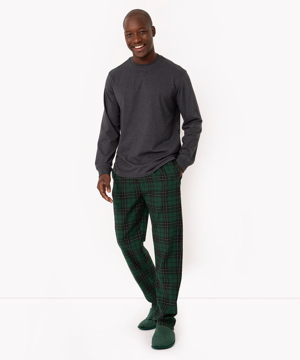 calça flanelada reta xadrez com cordão verde