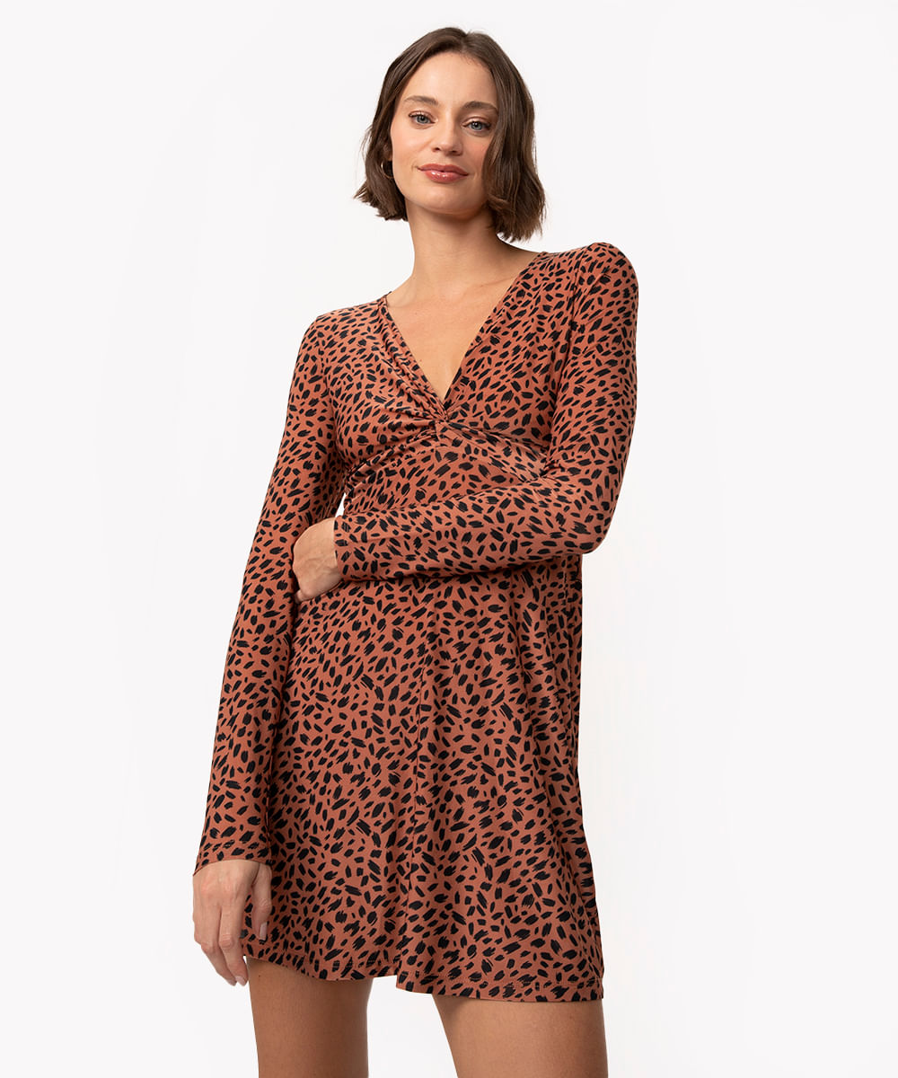 vestido curto manga longa animal print marrom