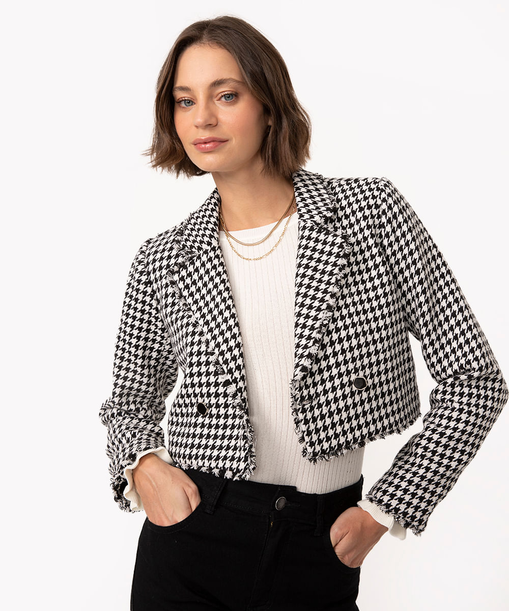 blazer cropped de tweed pied poule off white