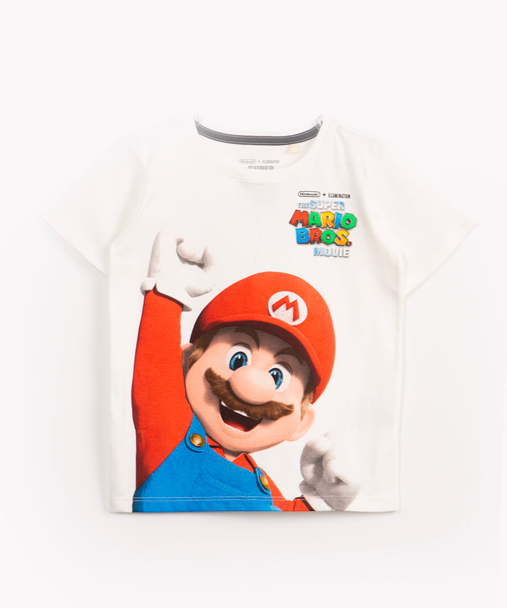 camiseta infantil de algodão manga curta mario bros off white