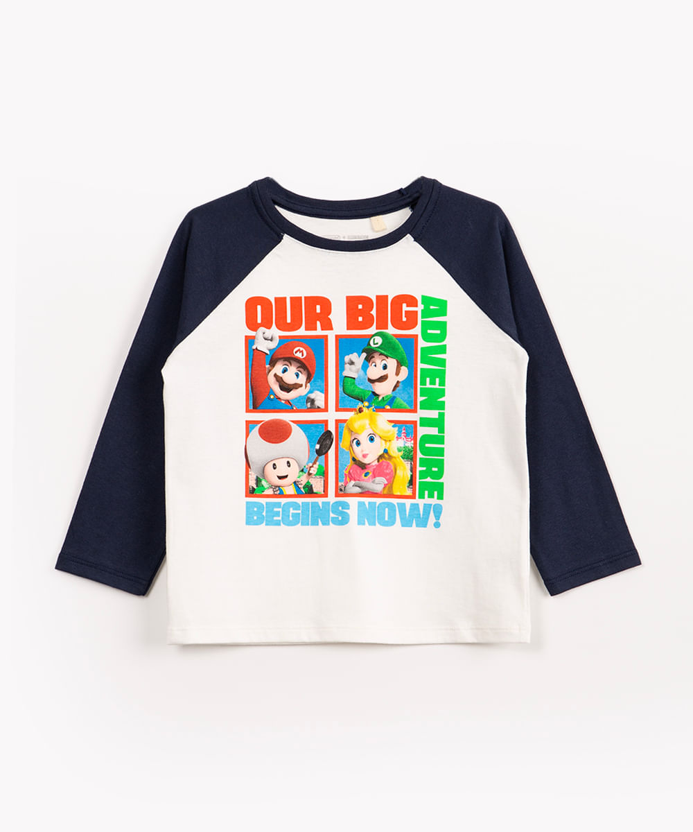 camiseta infantil de algodão manga longa mario bros off white