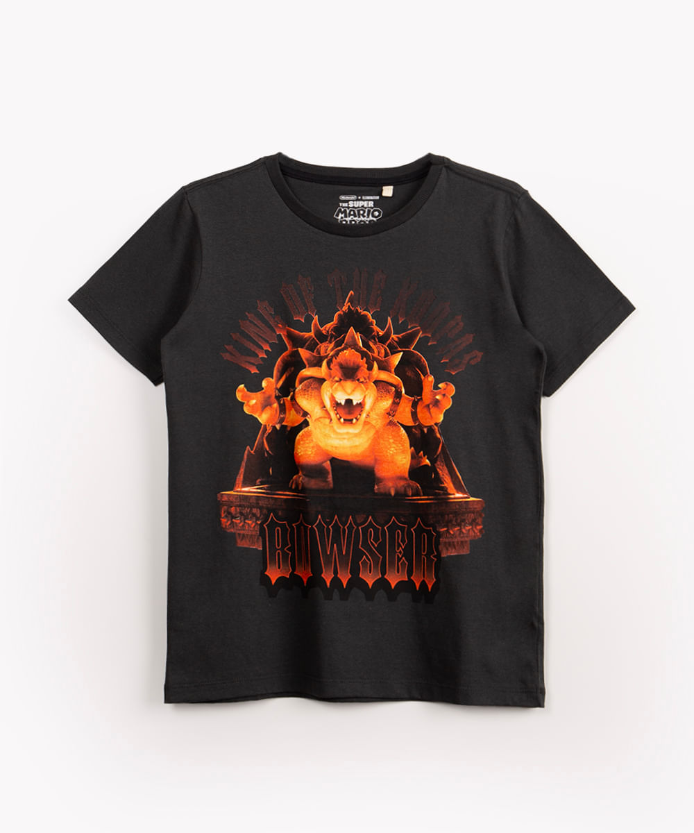 camiseta juvenil de algodão manga curta bowser cinza escuro