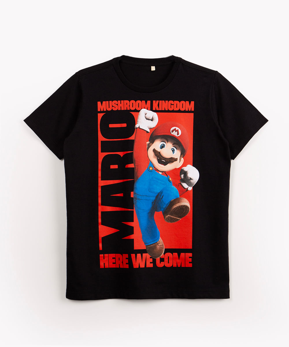 camiseta juvenil de algodão manga curta mario bros preto