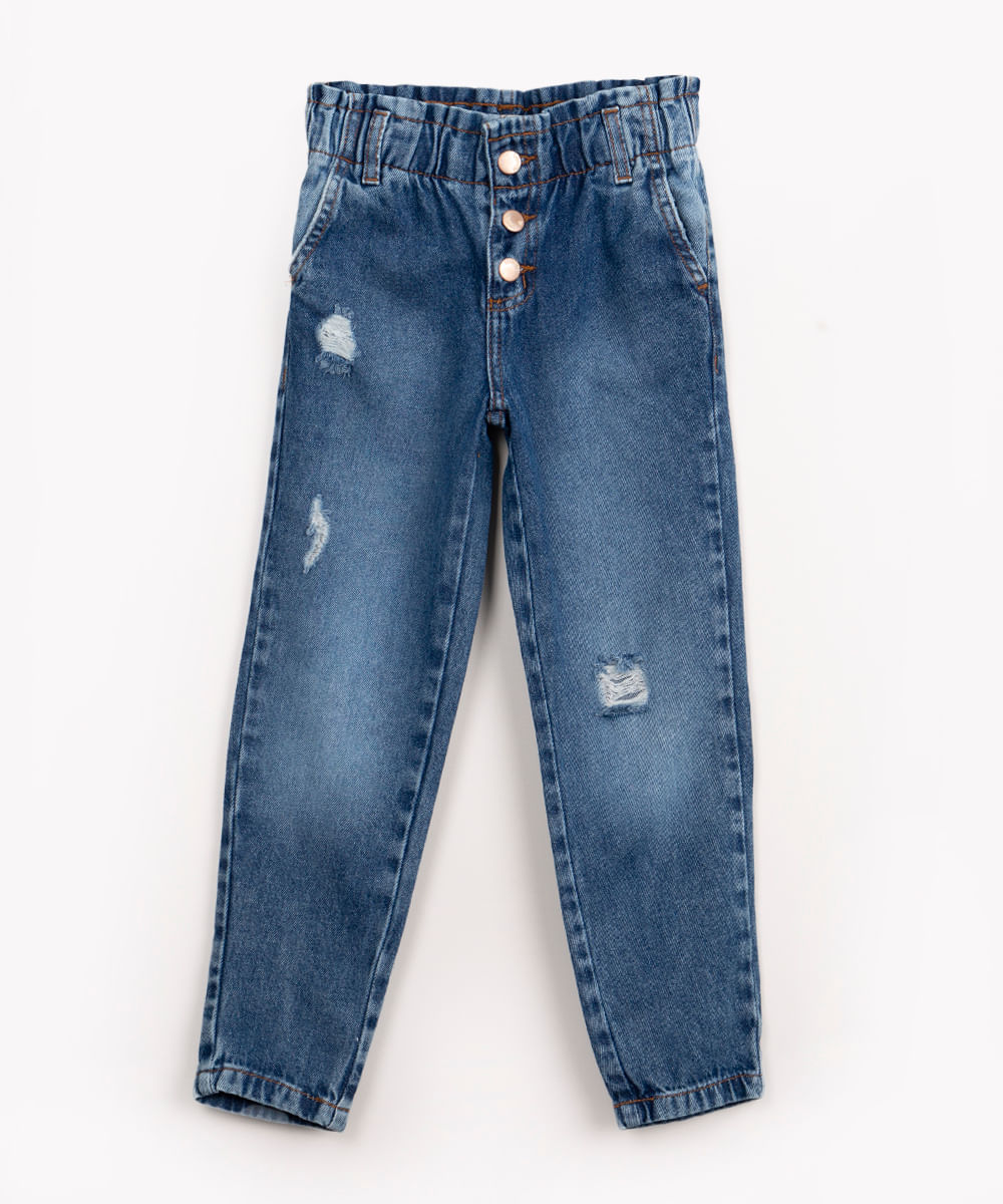 calça jeans infantil clochard com botões azul médio