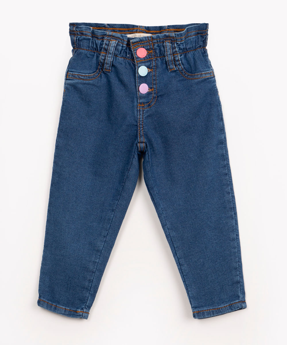 calça jeans infantil clochard com bolsos azul escuro