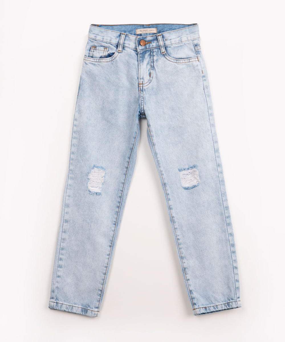 calça jeans infantil slim destroyed com bolsos azul claro