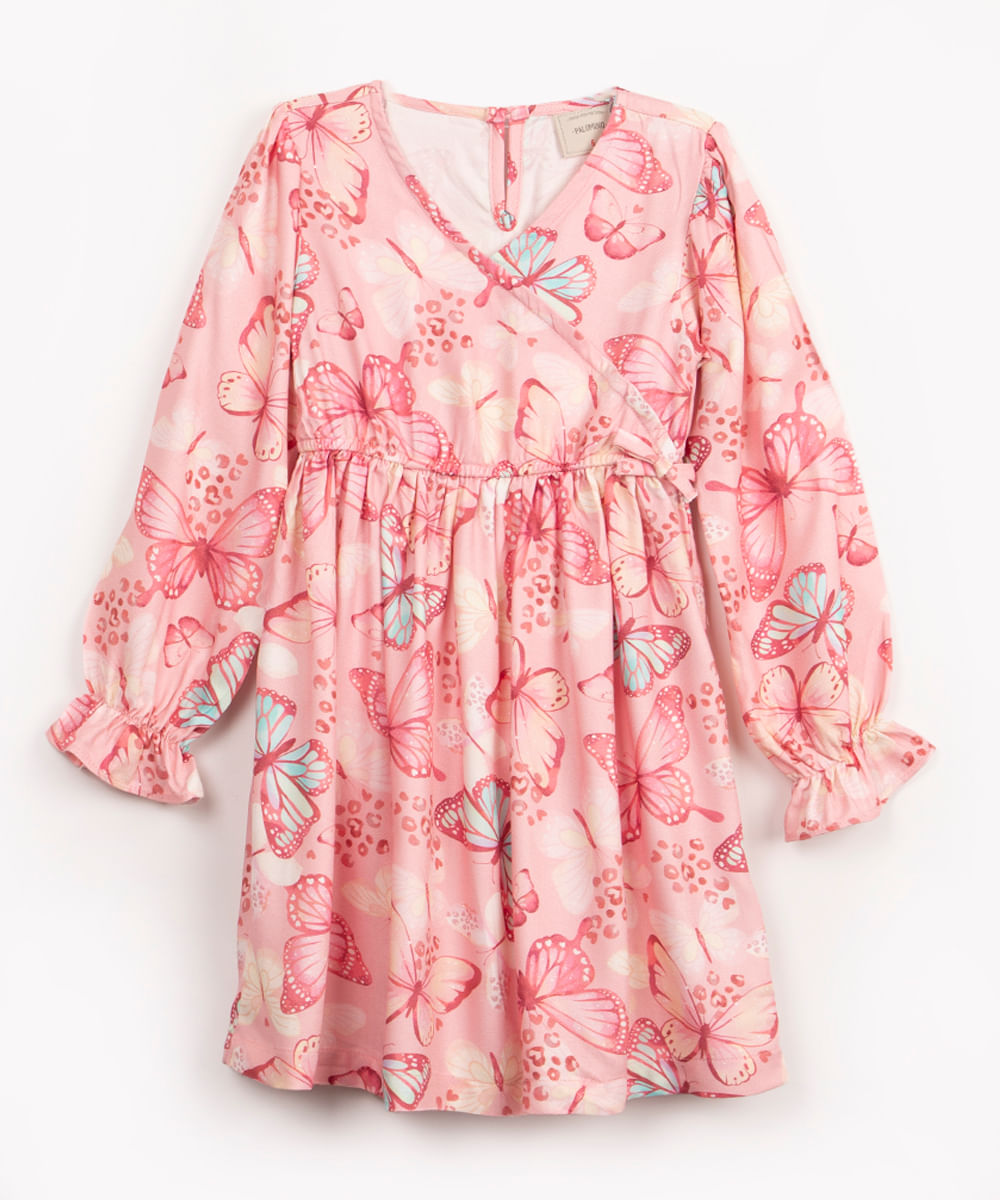 vestido infantil de viscose borboletas com transpasse manga longa rosa