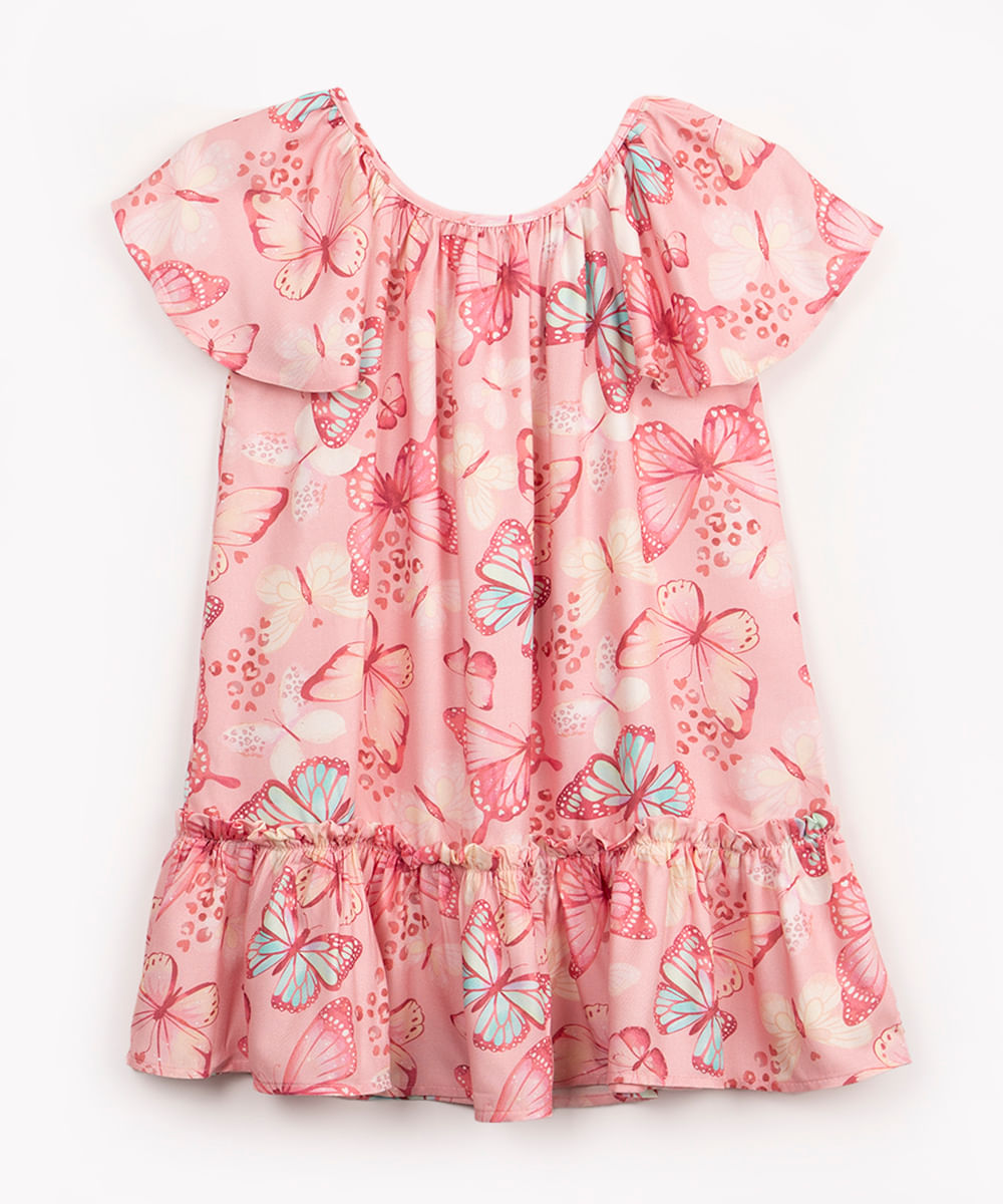 vestido infantil de viscose borboletas manga curta rosa