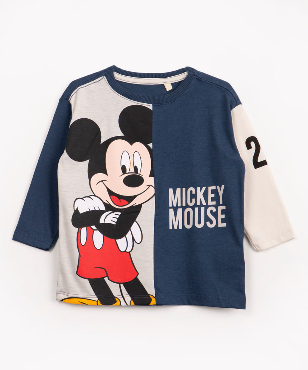 camiseta infantil de algodão recortes manga longa mickey mouse azul
