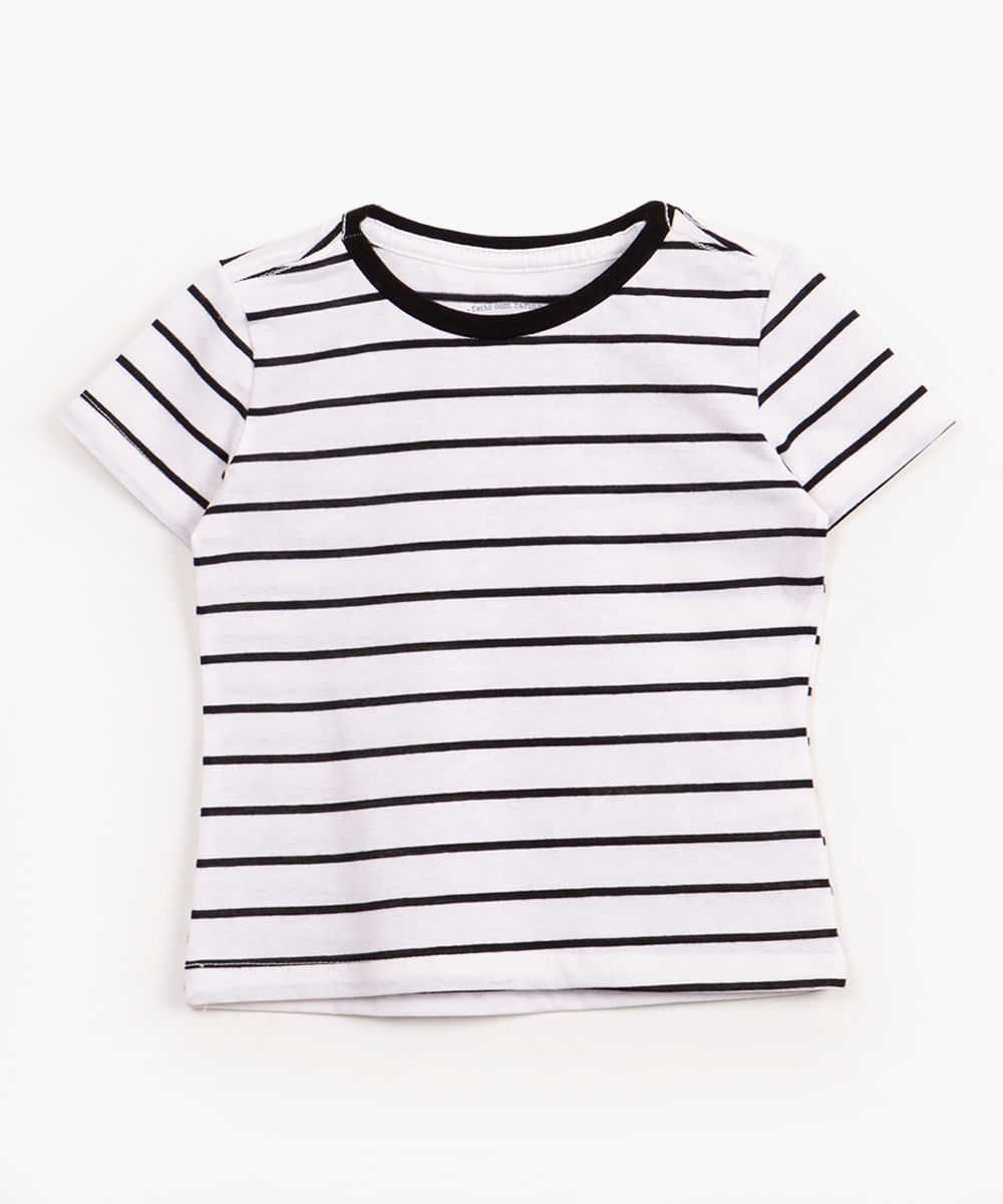 camiseta infantil de algodão listrada manga curta off white