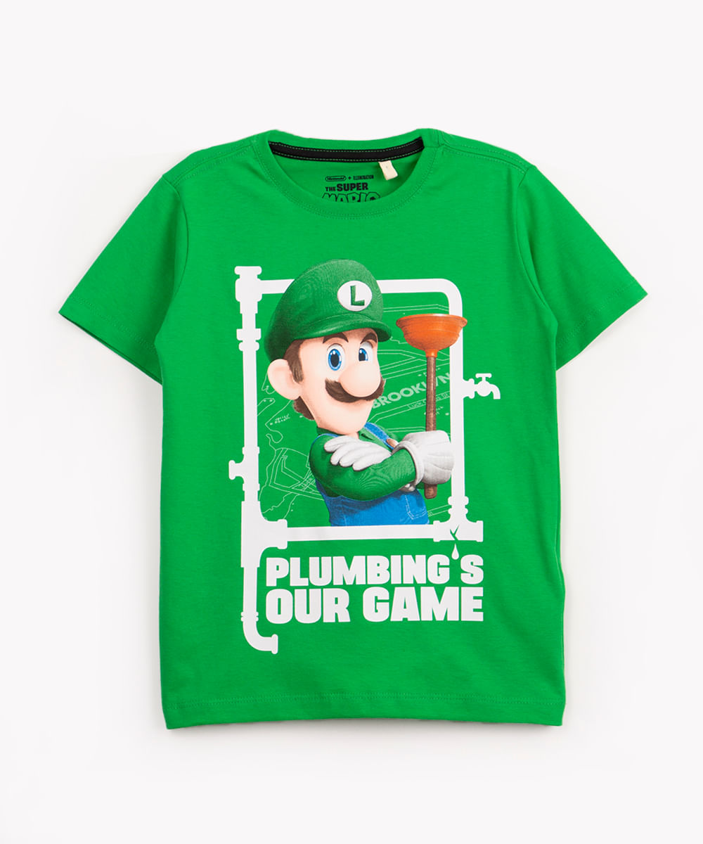 camiseta infantil de algodão manga curta luigi bros verde