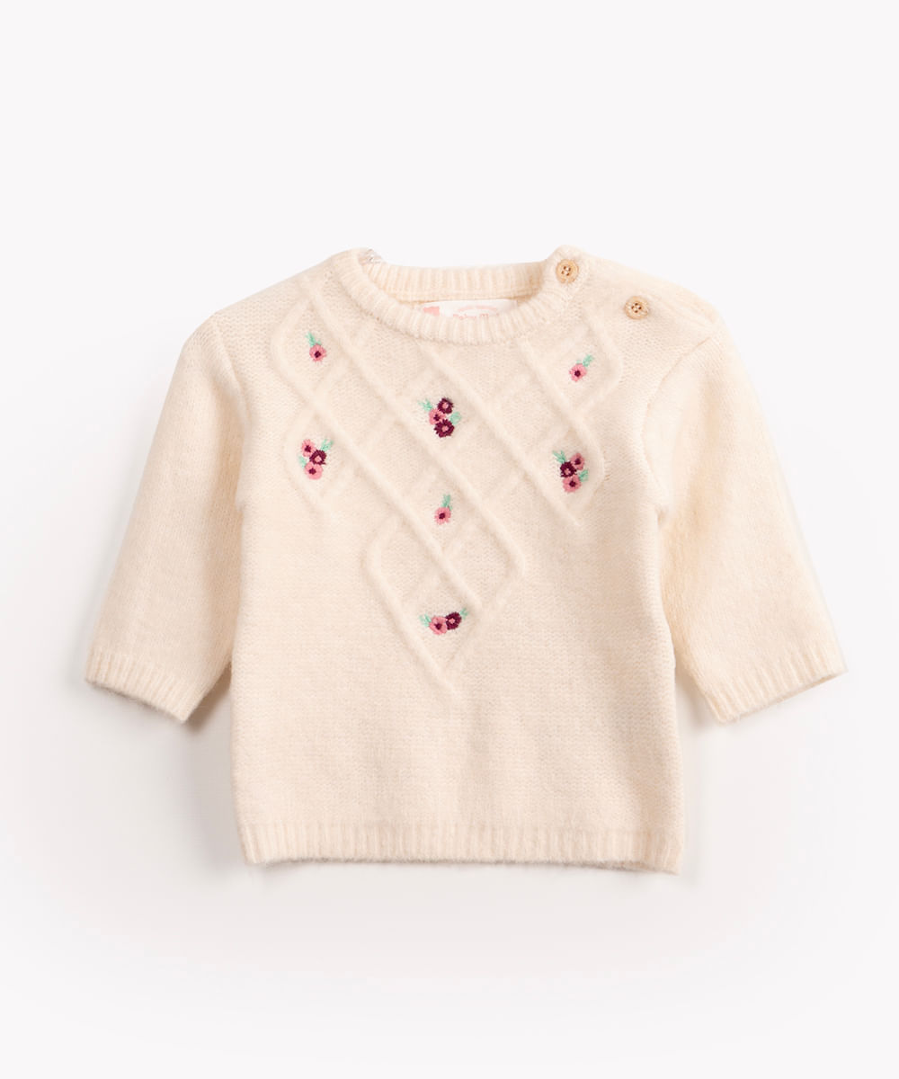 suéter de tricot infantil com bordado manga longa off white