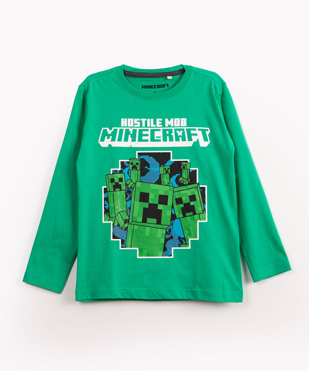 camiseta infantil de algodão manga longa minecraft verde