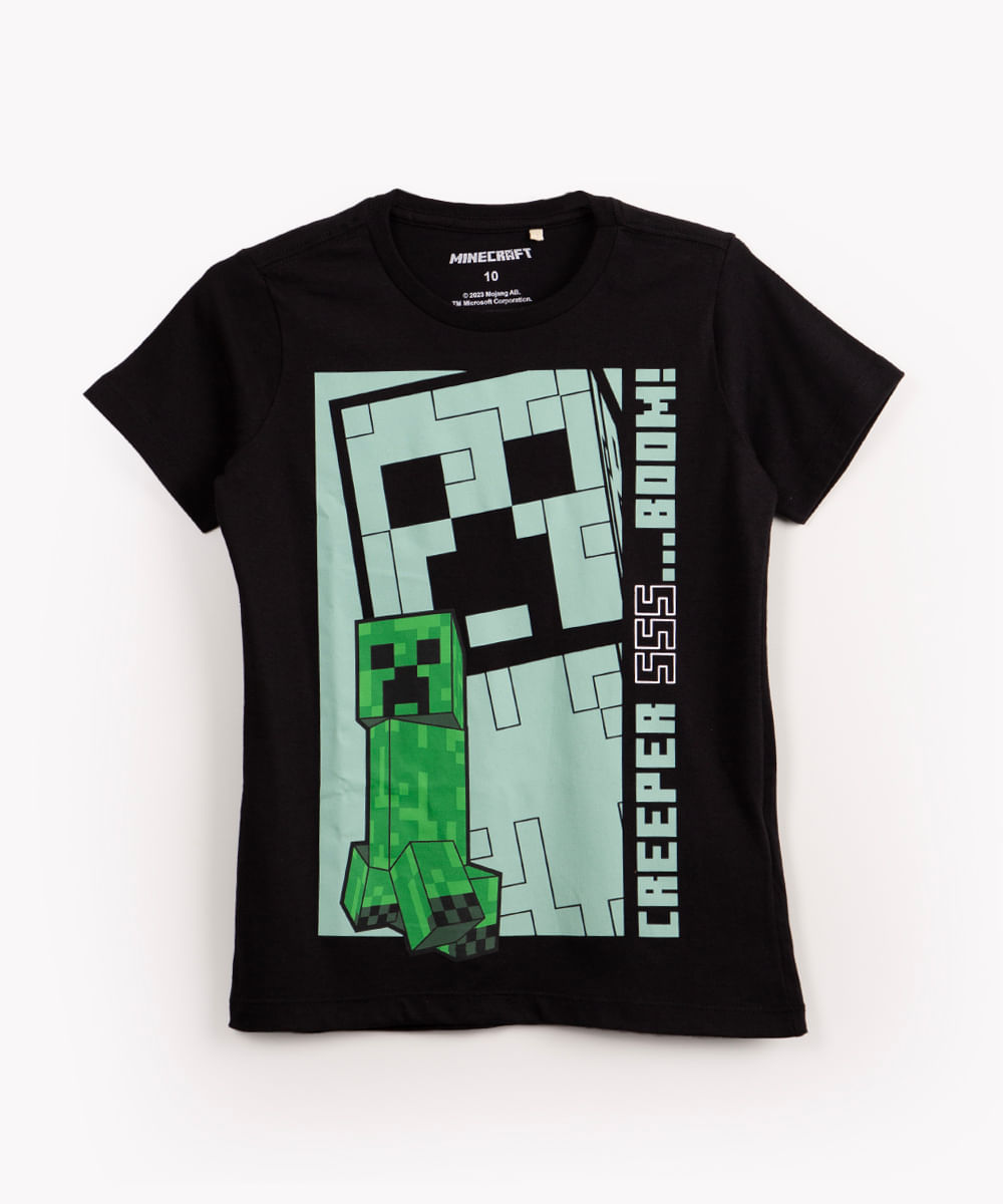 camiseta juvenil de algodão manga curta minecraft preto