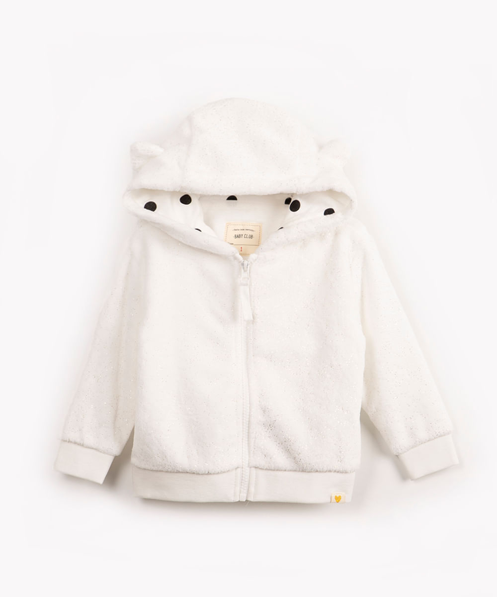 blusão infantil de pelúcia brilhos com capuz off white