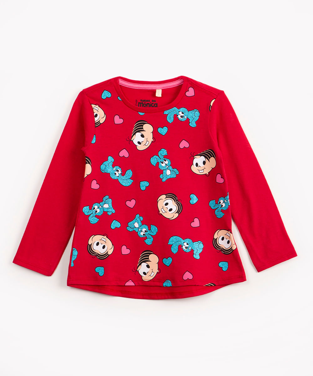 blusa infantil de algodão manga longa mônica e sansão vermelho