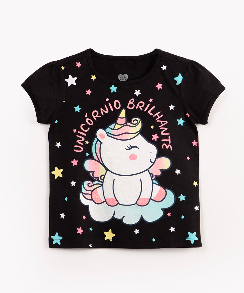 blusa infantil de algodão unicórnio manga curta preta