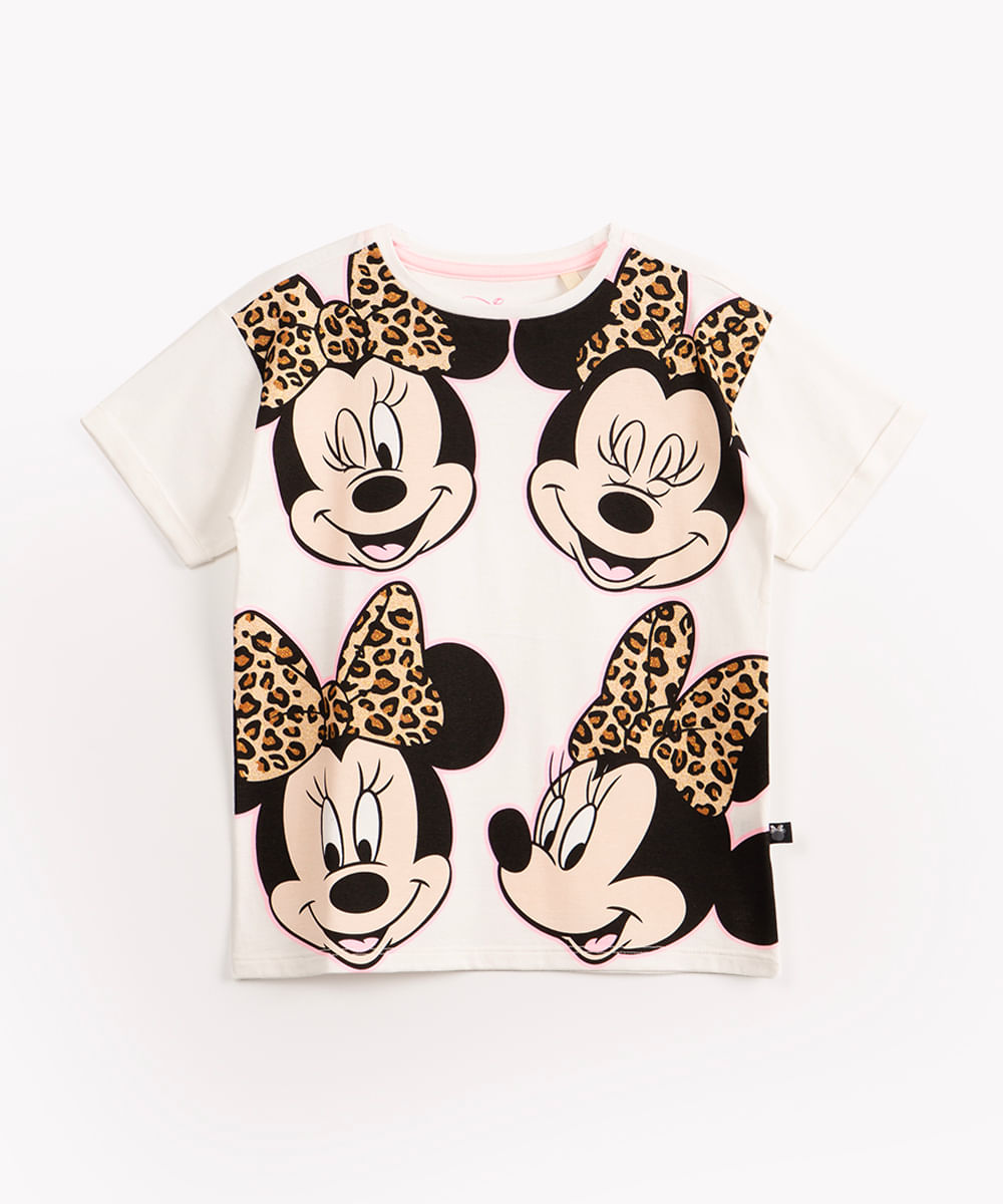 blusa infantil de algodão manga curta minnie mouse off white