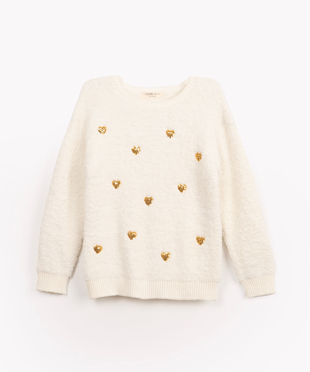 suéter de tricot infantil corações paetês off white