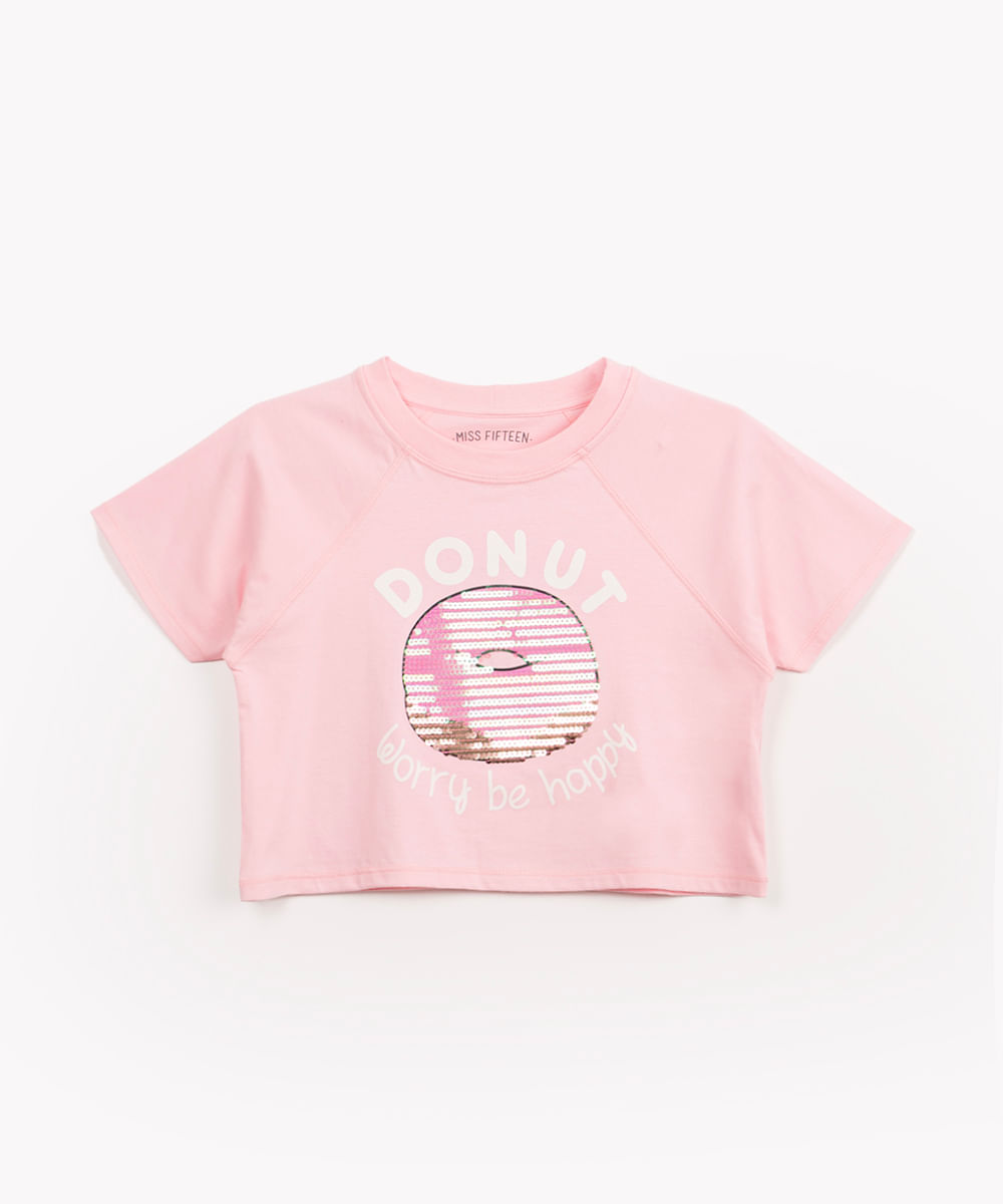 camiseta juvenil donut manga curta rosa claro