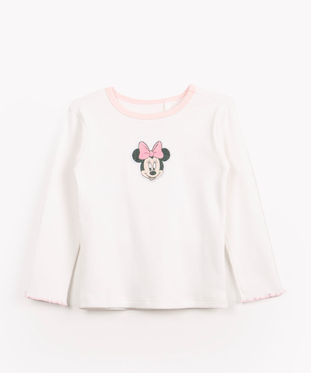 blusa infantil de algodão minnie manga longa off white