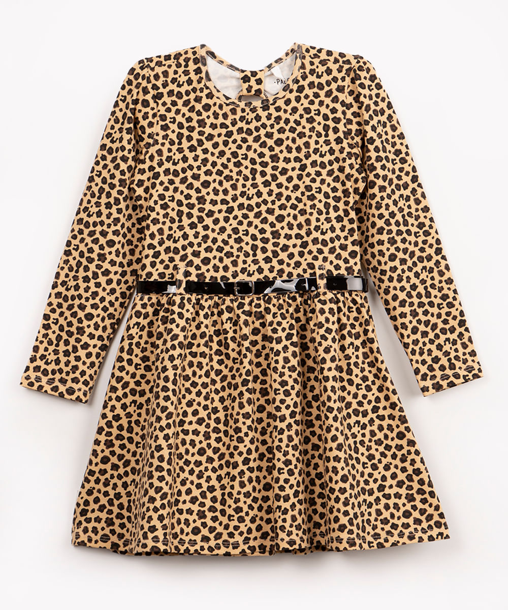 vestido infantil manga longa animal print marrom