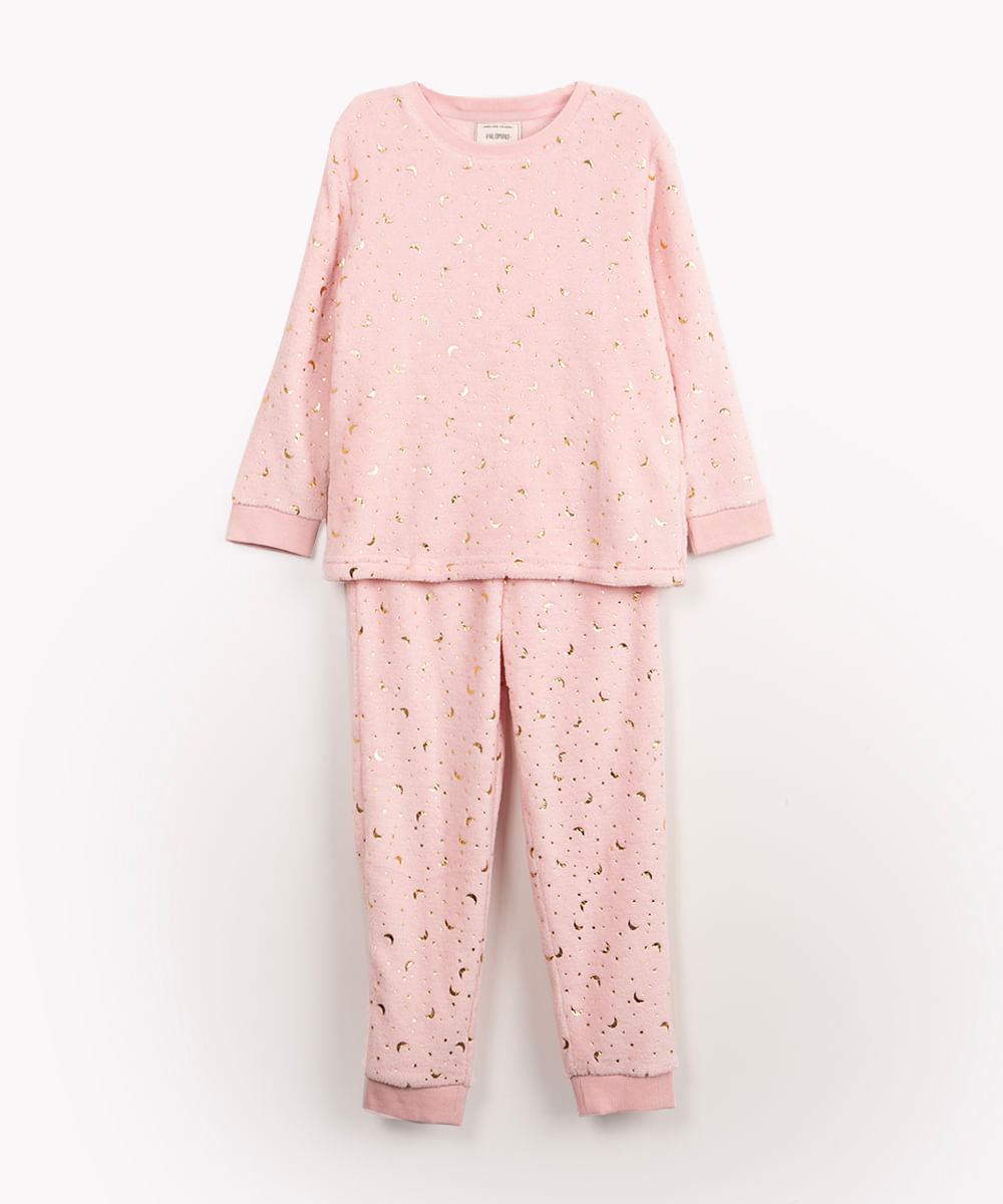 pijama infantil de pelúcia luas e estrelas manga longa rosa claro