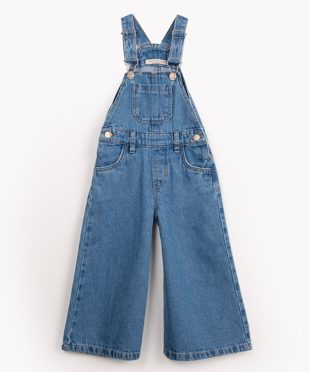 jardineira jeans infantil wide leg com bolsos azul médio