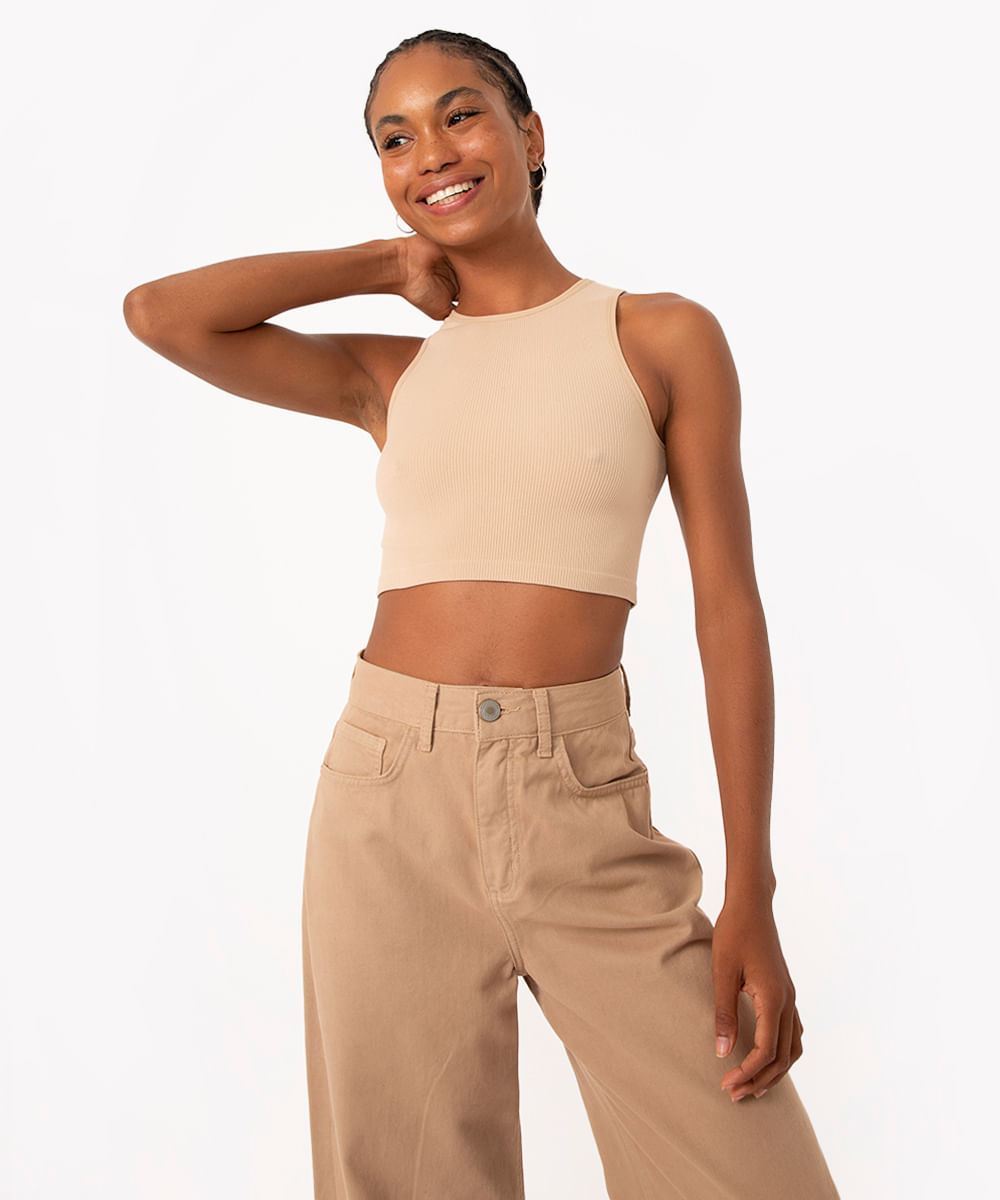 cropped halter neck canelado bege