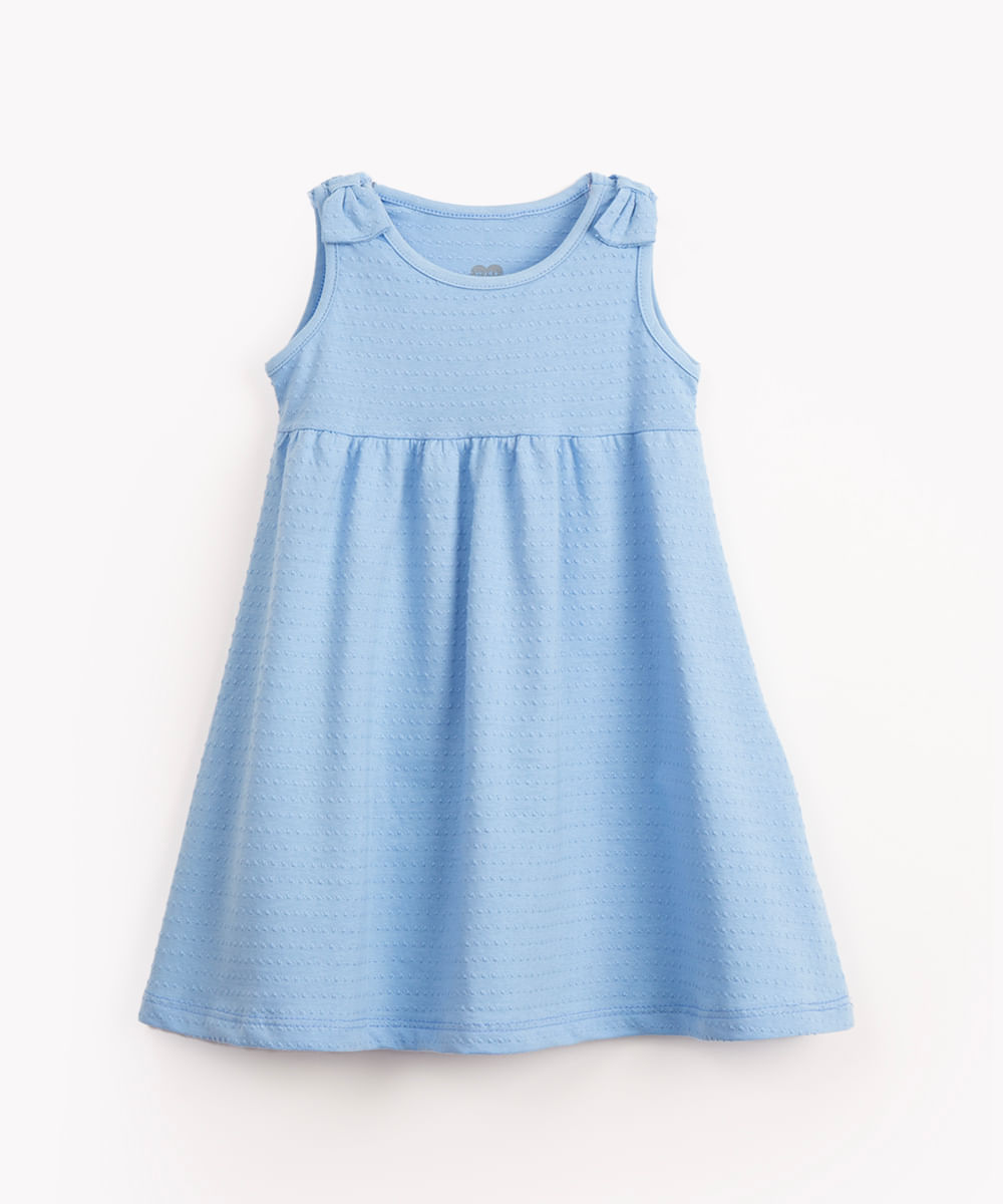 vestido infantil de algodão texturizado laço azul