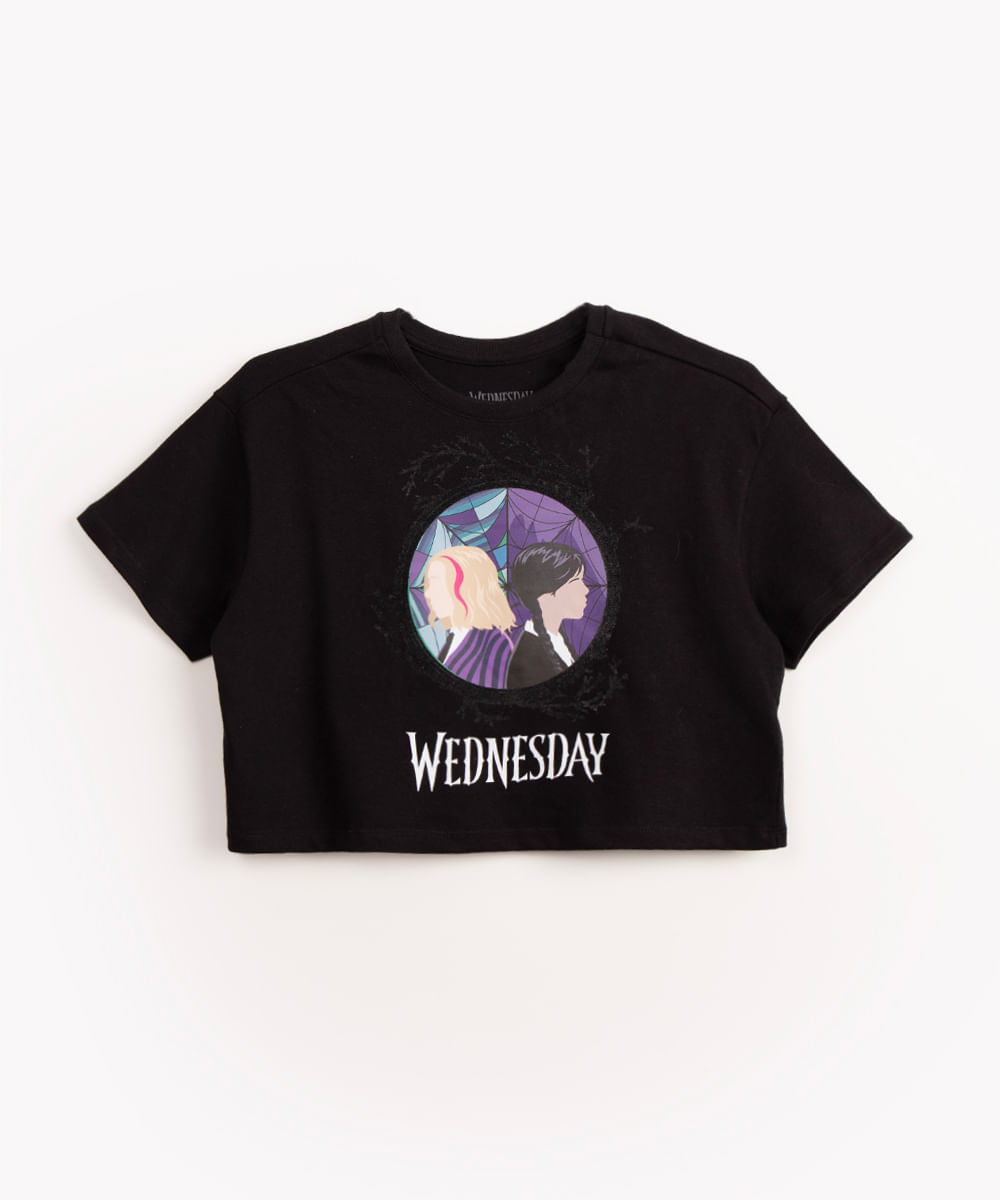 blusa juvenil de algodão manga curta wandinha preto