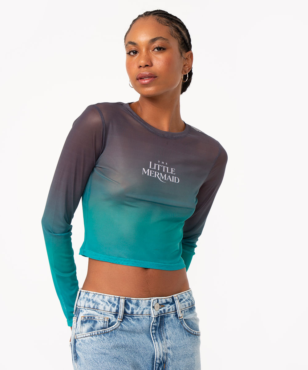 blusa de tule pequena sereia degradê manga longa verde