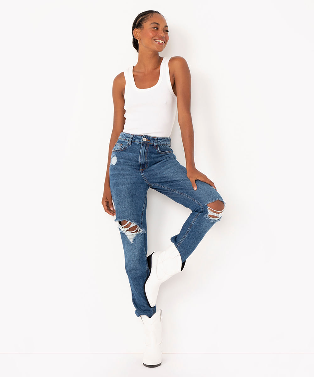 calça jeans mom básica cintura super alta azul escuro