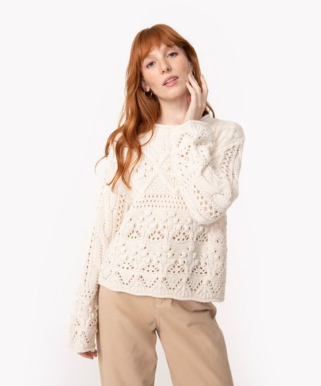 suéter de tricot manga ampla decote redondo off white PP