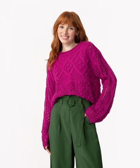 suéter de tricot manga ampla decote redondo roxo GG