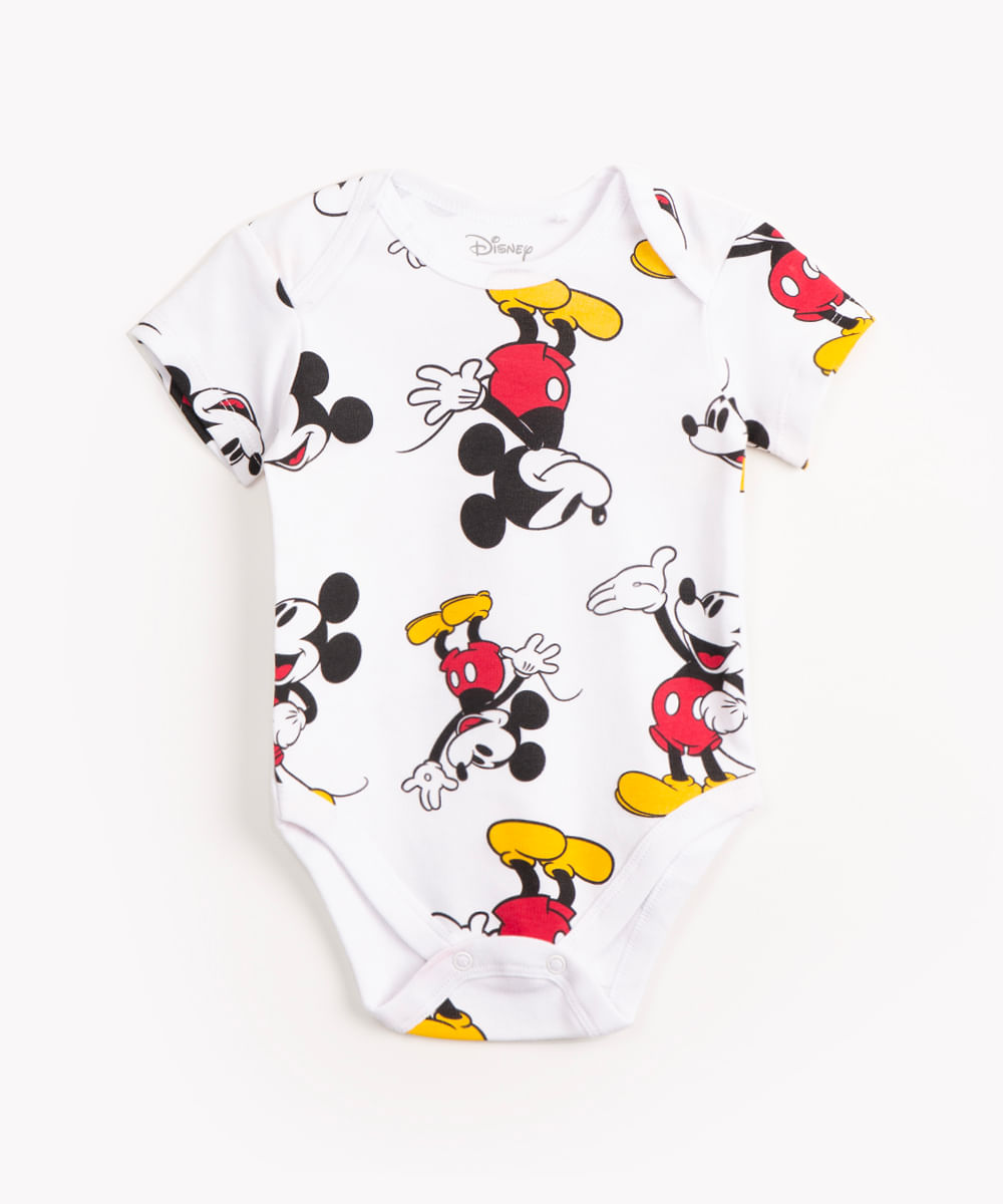 body infantil de algodão manga curta mickey mouse off white