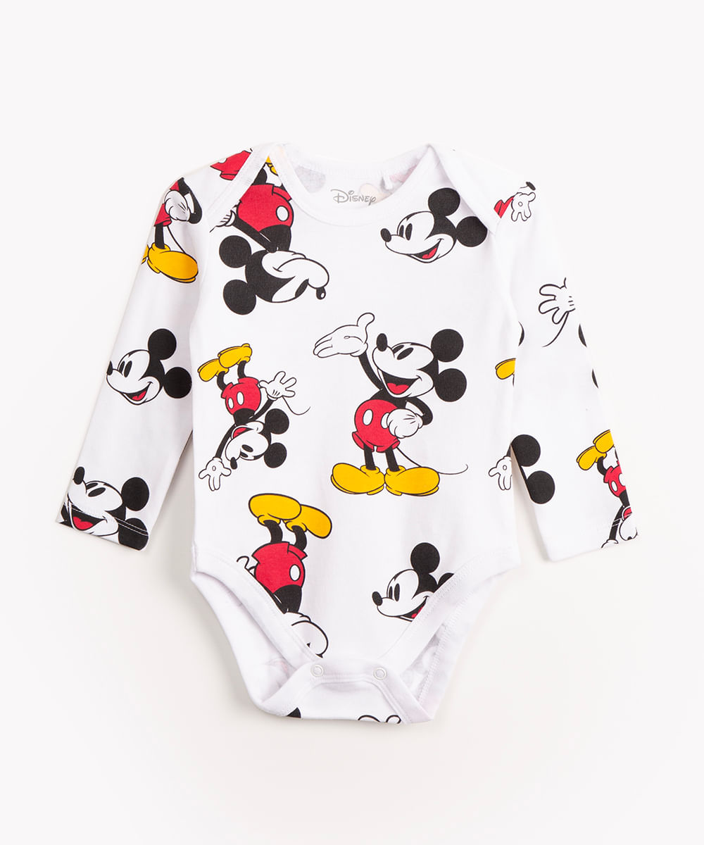 body infantil de algodão manga longa mickey mouse off white