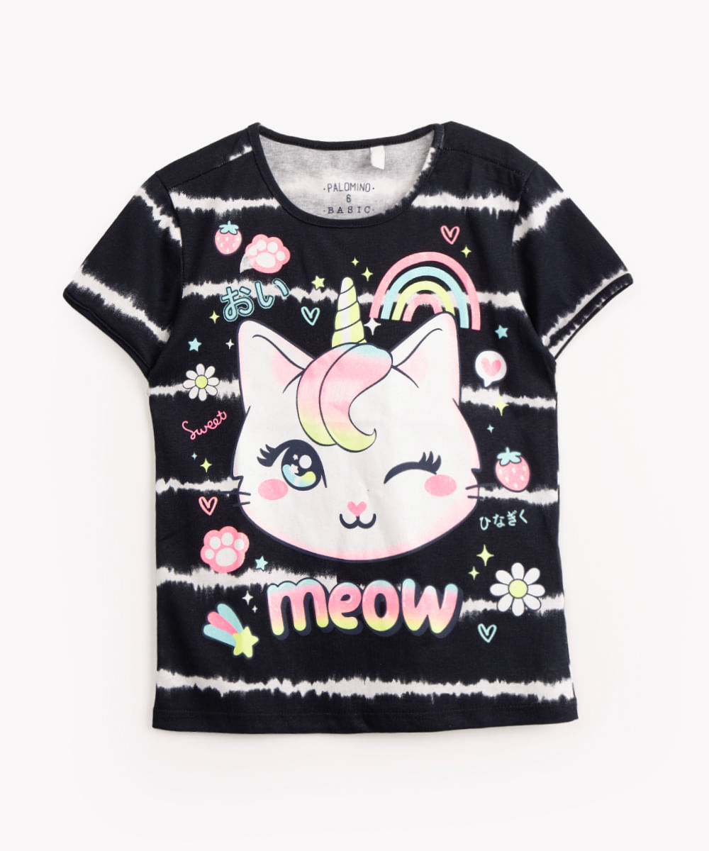 blusa infantil de algodão manga curta gatinha brilhante azul marinho