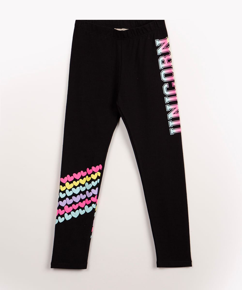 calça legging infantil unicórnio corações preto