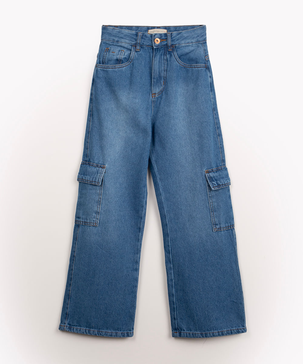 calça jeans juvenil wide leg cargo azul escuro