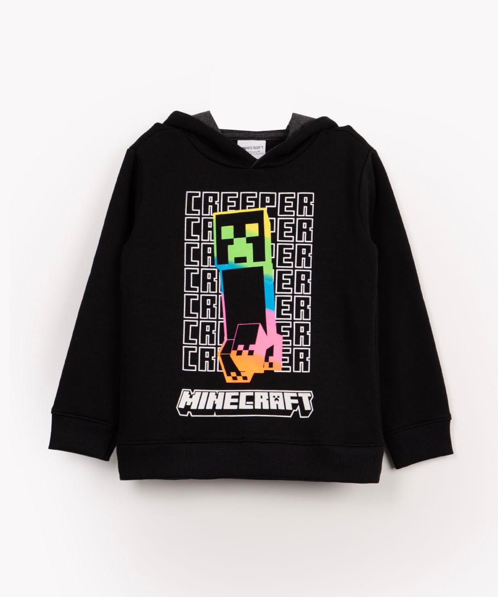 blusa de moletom infantil com capuz minecraft preto