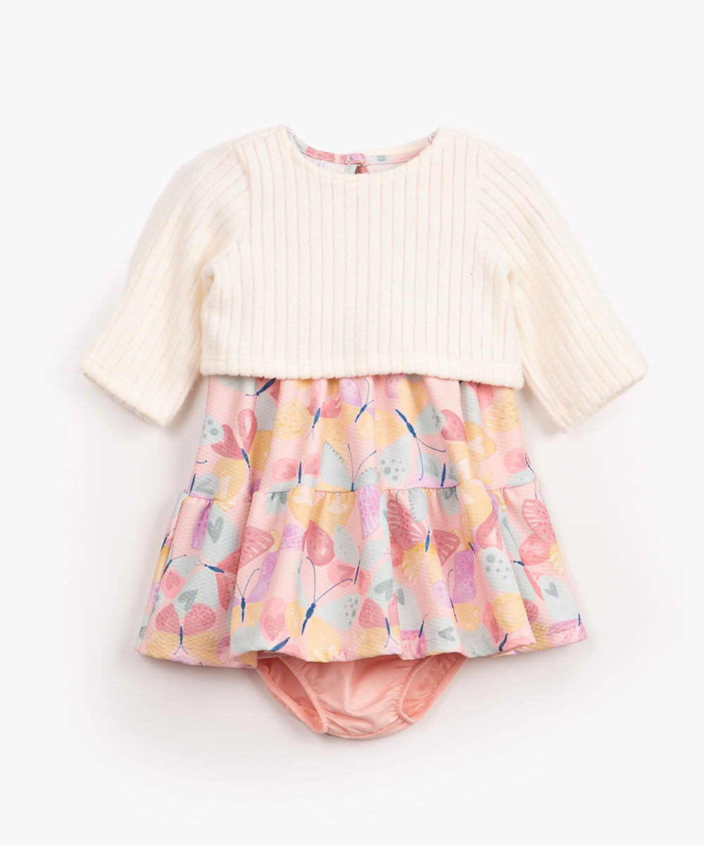 vestido infantil borboletas com bolero e calcinha rosa claro