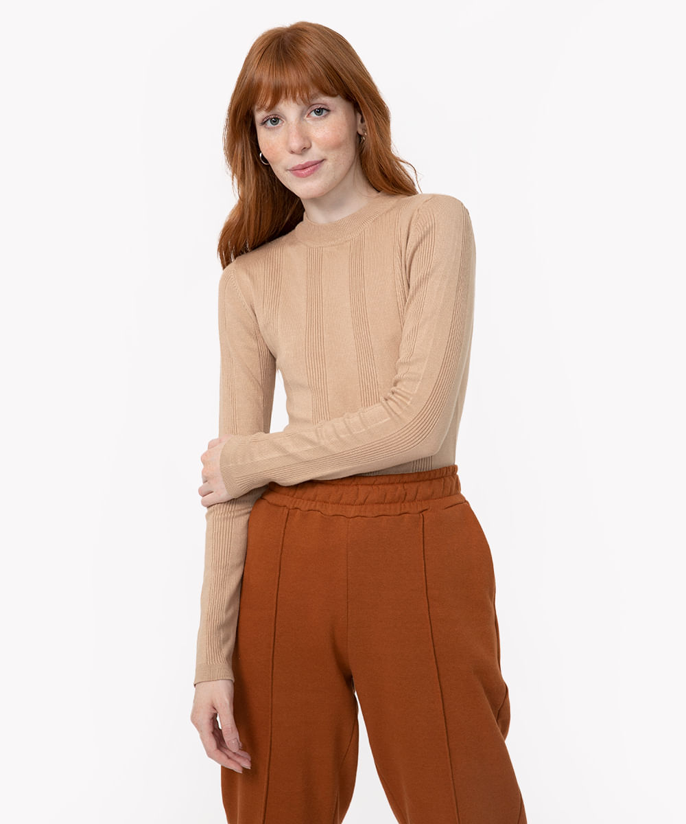 suéter básico de tricot canelado - areia