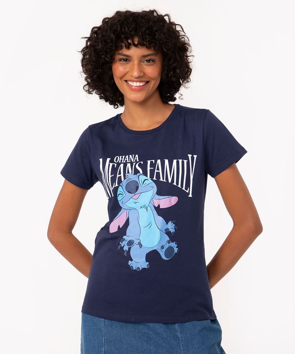 camiseta de algodão stitch manga curta azul marinho