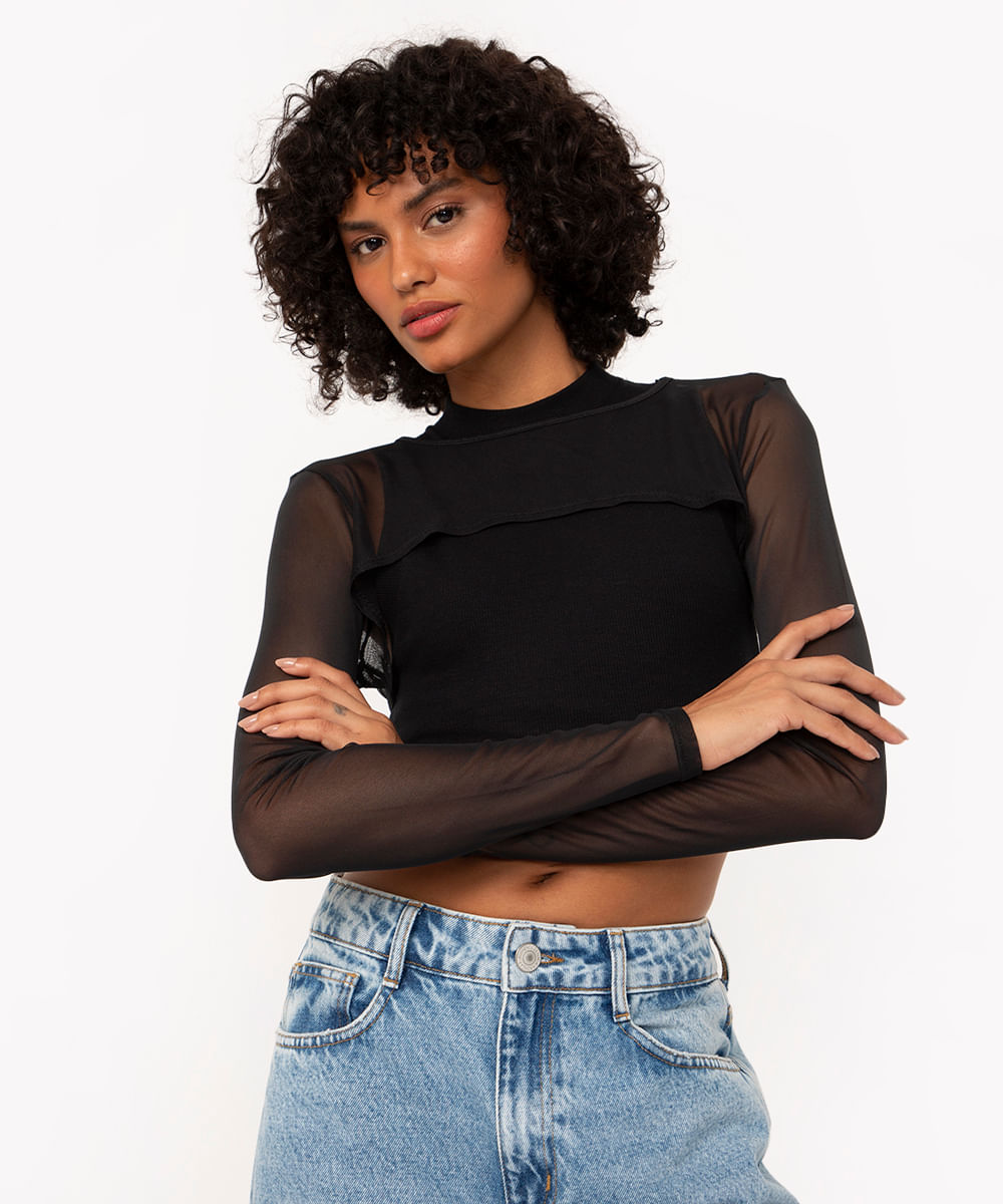 cropped de tule assimétrico manga longa preto