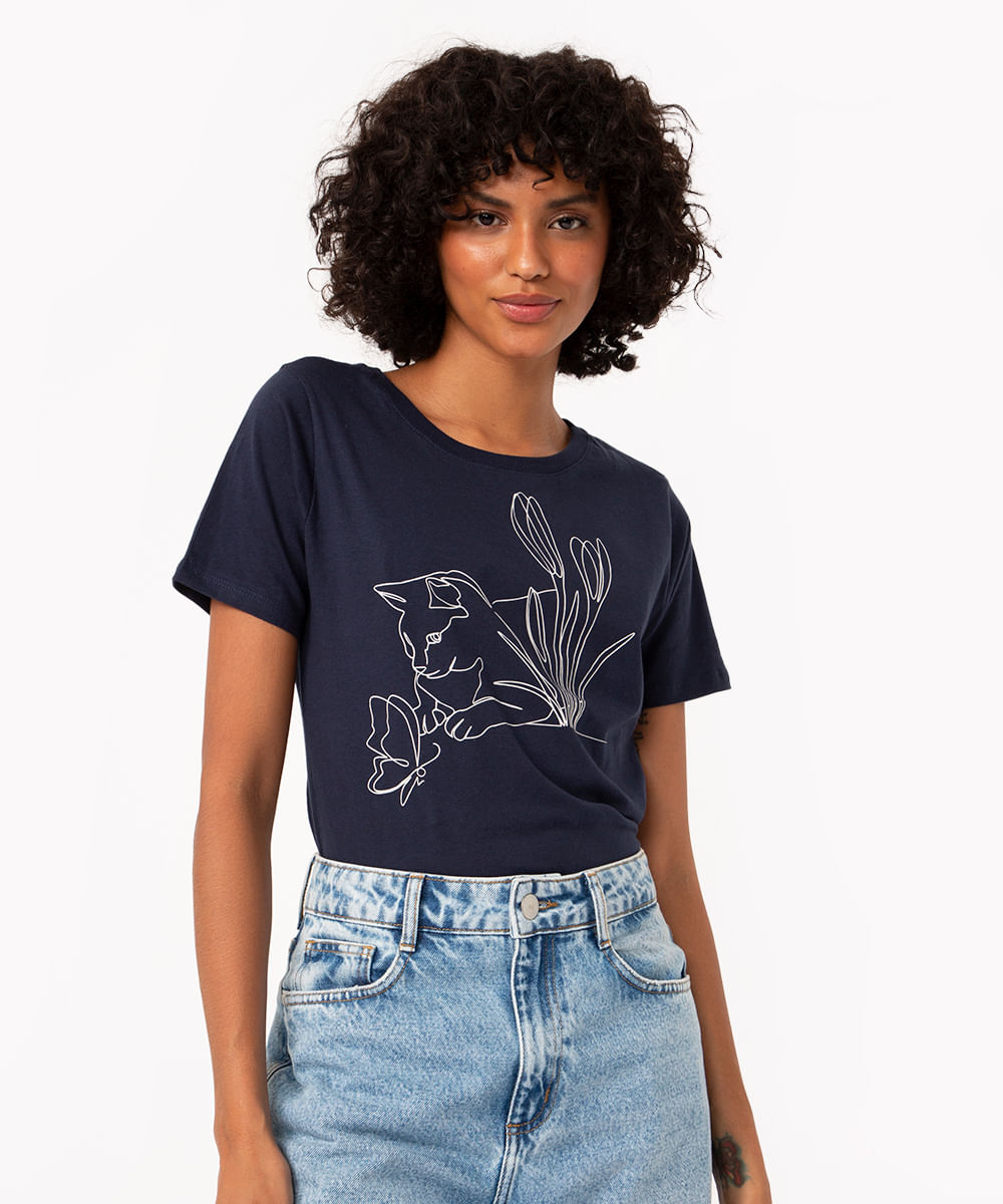 camiseta de algodão gato outline azul marinho