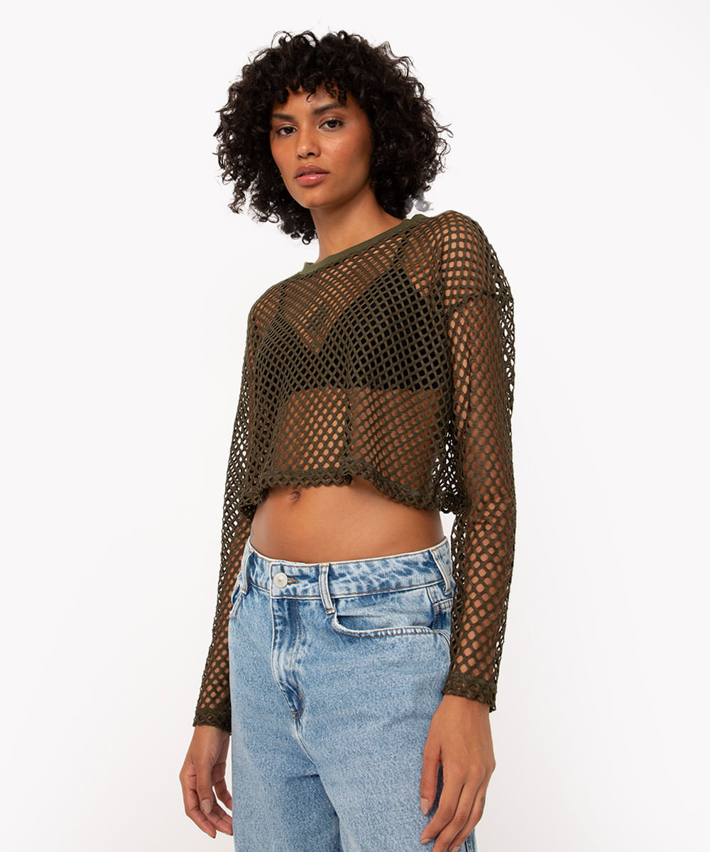 cropped malha tela manga longa verde militar