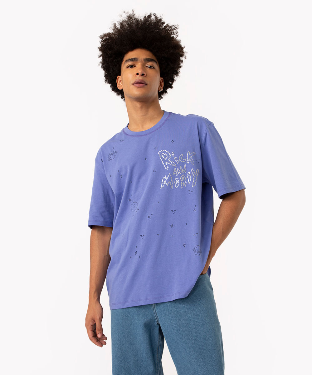 camiseta de algodão oversized rick and morty manga curta lilás