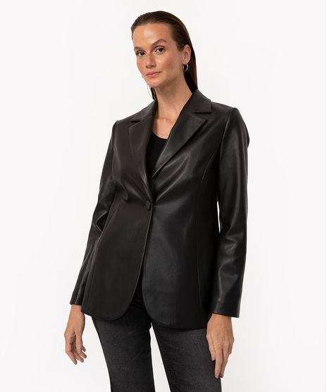 Blazer De Pu Manga Longa Preto